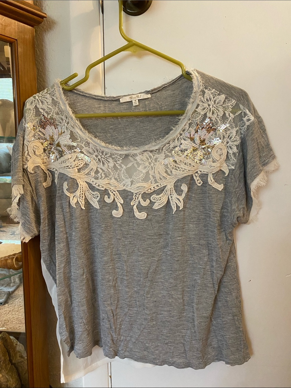 Miss Me Gray Short Sleeve Scoop Neck Top with Cream Lace & Sequins